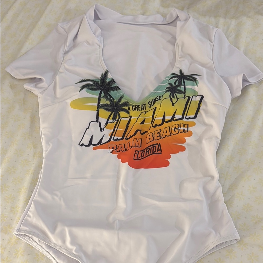 SHEIN White and Green One Piece Swimsuit Miami Vibes